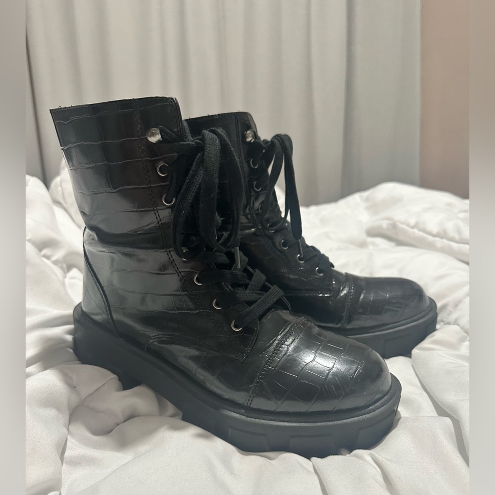 ASOS Glamorous Wide Fit chunky lace up boots in black croc